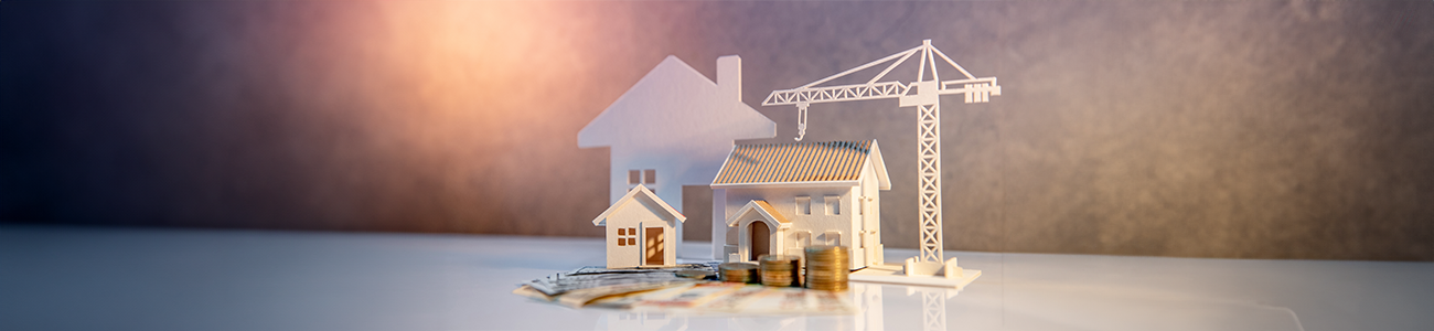 Home buying and construction finance: currency, coins, and architectural models